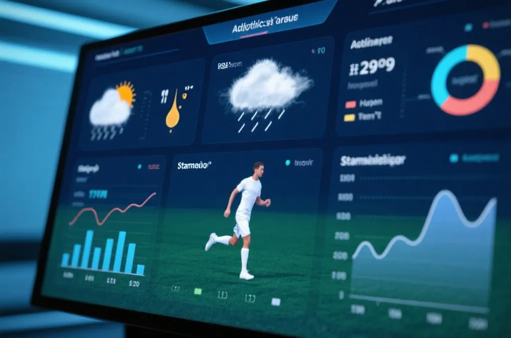 An abstract sports analytics dashboard displaying weather parameters like temperature, humidity, and player stamina charts on a screen