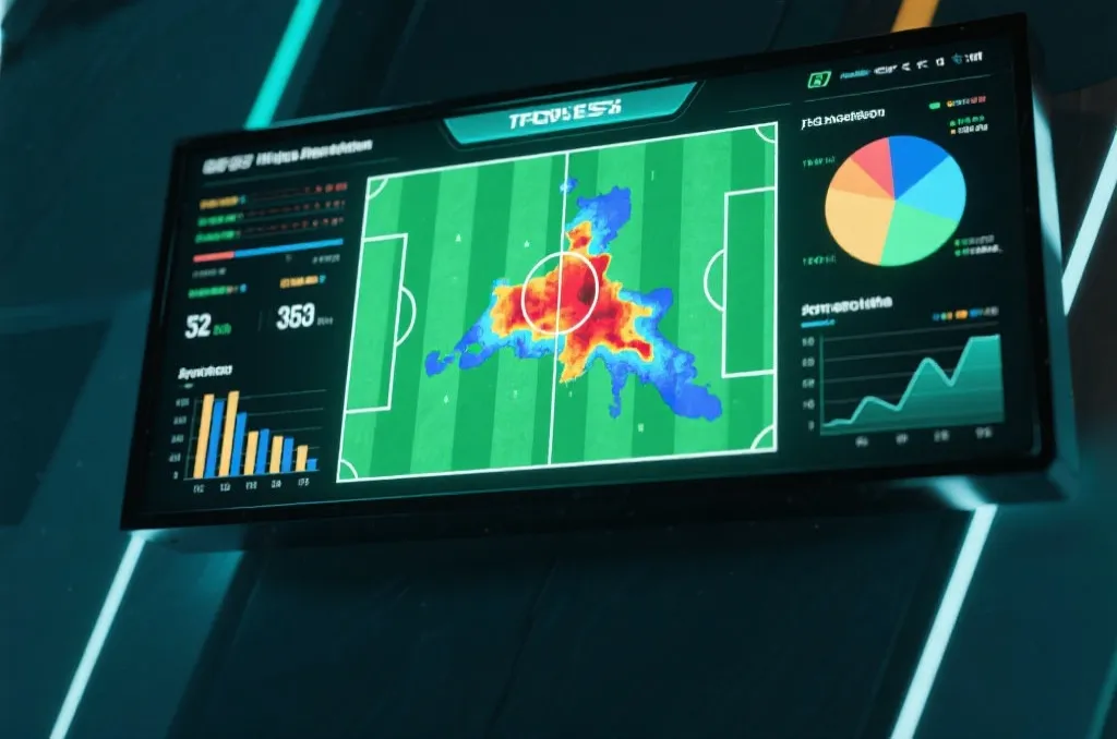 Abstract digital screen displaying soccer match performance heat maps and analytical statistics graphs