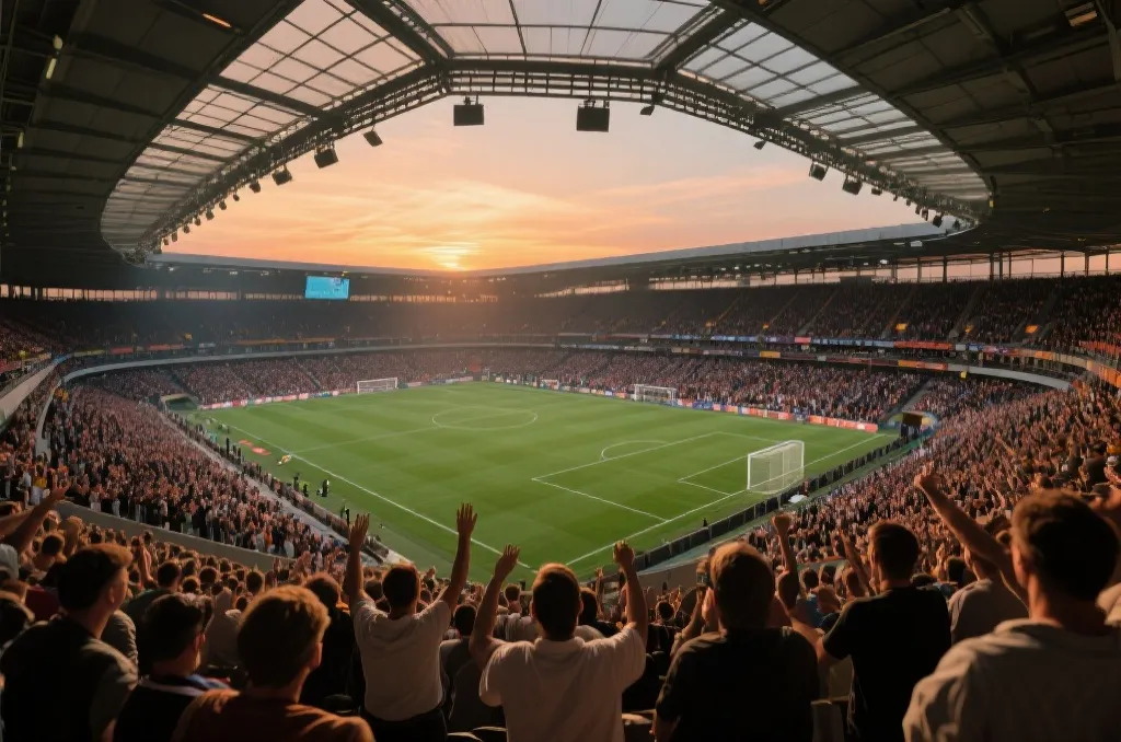 A modern packed soccer stadium under a dramatic sunset sky